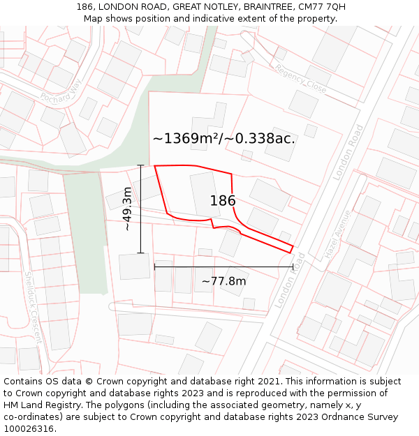 186, LONDON ROAD, GREAT NOTLEY, BRAINTREE, CM77 7QH: Plot and title map