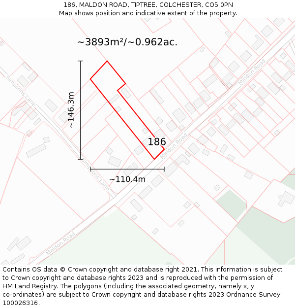 186, MALDON ROAD, TIPTREE, COLCHESTER, CO5 0PN: Plot and title map