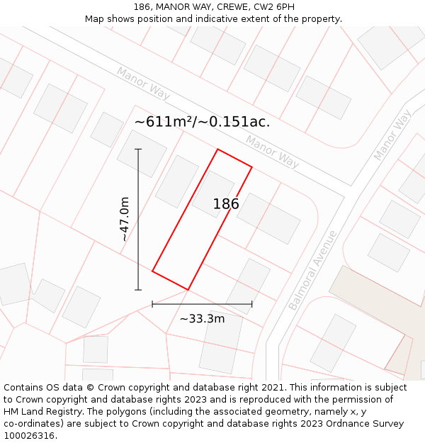 186, MANOR WAY, CREWE, CW2 6PH: Plot and title map