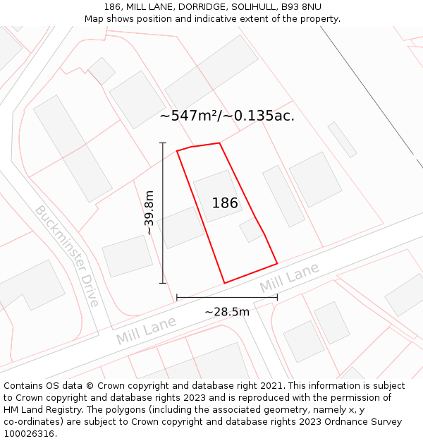 186, MILL LANE, DORRIDGE, SOLIHULL, B93 8NU: Plot and title map