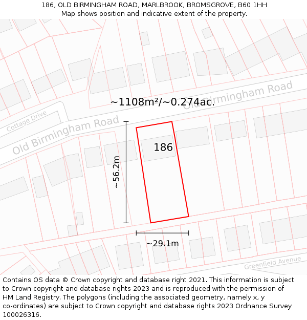 186, OLD BIRMINGHAM ROAD, MARLBROOK, BROMSGROVE, B60 1HH: Plot and title map