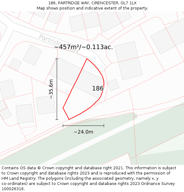 186, PARTRIDGE WAY, CIRENCESTER, GL7 1LX: Plot and title map