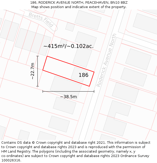 186, RODERICK AVENUE NORTH, PEACEHAVEN, BN10 8BZ: Plot and title map
