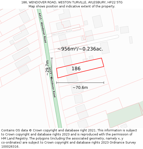 186, WENDOVER ROAD, WESTON TURVILLE, AYLESBURY, HP22 5TG: Plot and title map