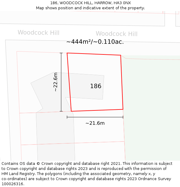 186, WOODCOCK HILL, HARROW, HA3 0NX: Plot and title map