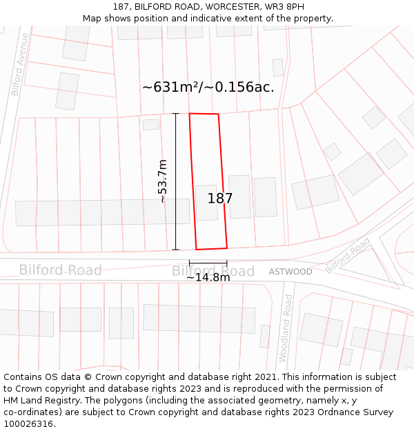 187, BILFORD ROAD, WORCESTER, WR3 8PH: Plot and title map