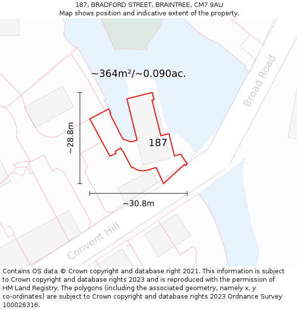 187, BRADFORD STREET, BRAINTREE, CM7 9AU: Plot and title map