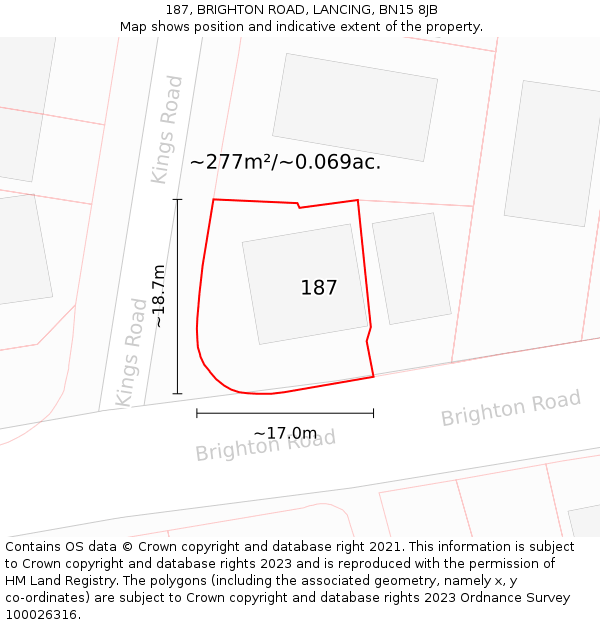 187, BRIGHTON ROAD, LANCING, BN15 8JB: Plot and title map