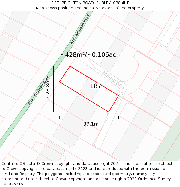 187, BRIGHTON ROAD, PURLEY, CR8 4HF: Plot and title map