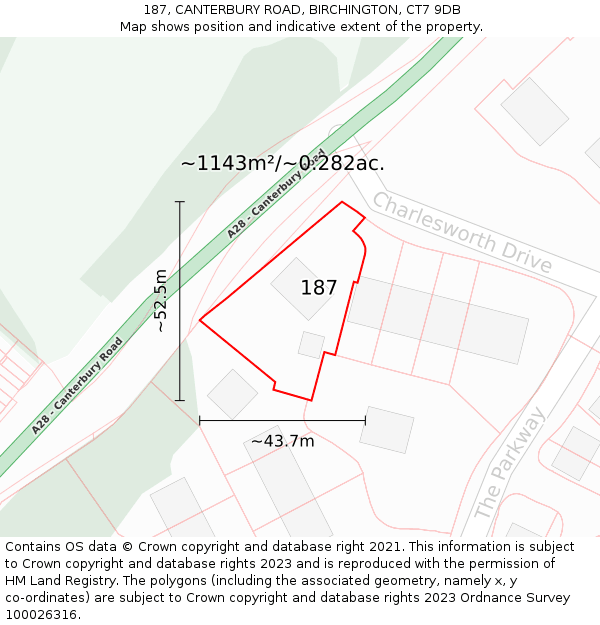 187, CANTERBURY ROAD, BIRCHINGTON, CT7 9DB: Plot and title map