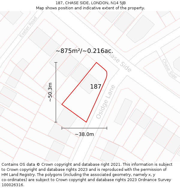 187, CHASE SIDE, LONDON, N14 5JB: Plot and title map