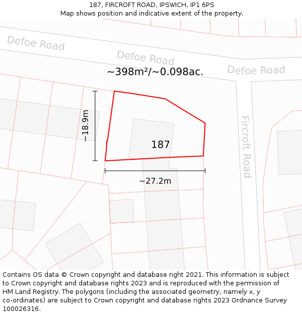187, FIRCROFT ROAD, IPSWICH, IP1 6PS: Plot and title map