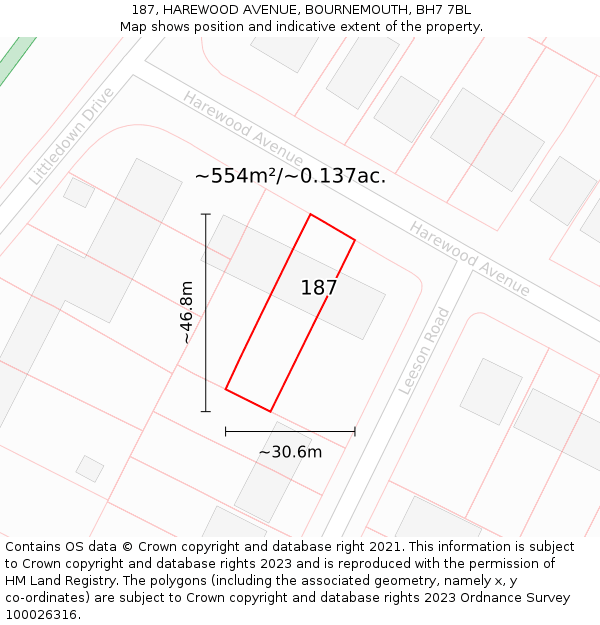 187, HAREWOOD AVENUE, BOURNEMOUTH, BH7 7BL: Plot and title map