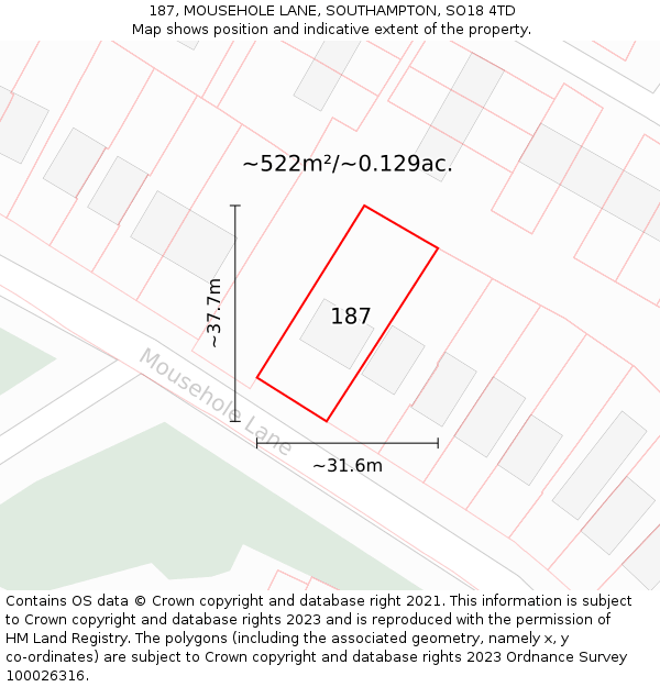 187, MOUSEHOLE LANE, SOUTHAMPTON, SO18 4TD: Plot and title map