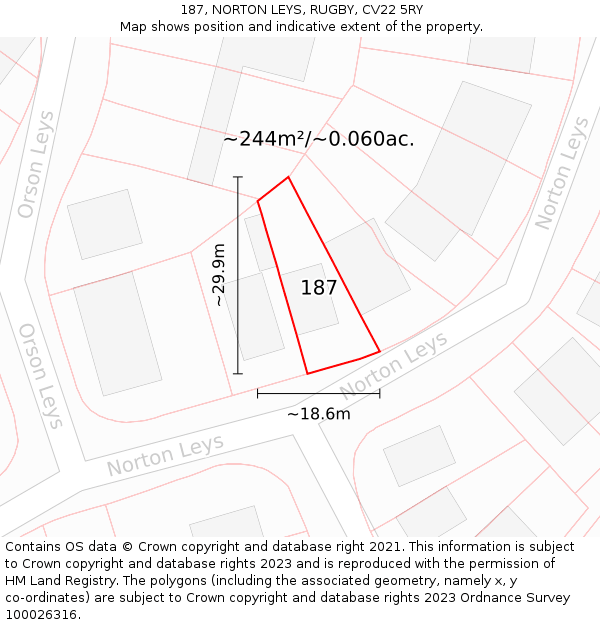 187, NORTON LEYS, RUGBY, CV22 5RY: Plot and title map