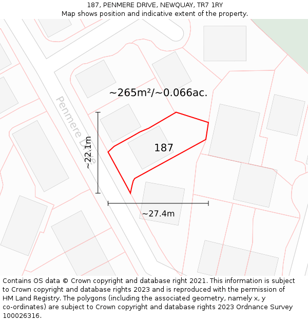187, PENMERE DRIVE, NEWQUAY, TR7 1RY: Plot and title map