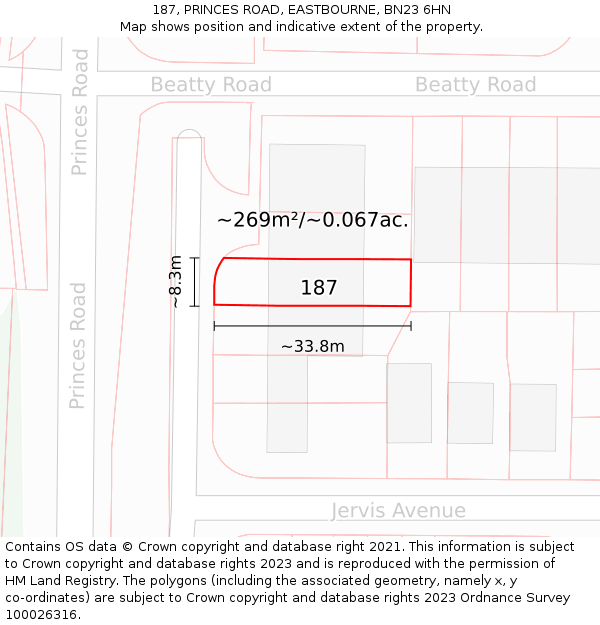 187, PRINCES ROAD, EASTBOURNE, BN23 6HN: Plot and title map