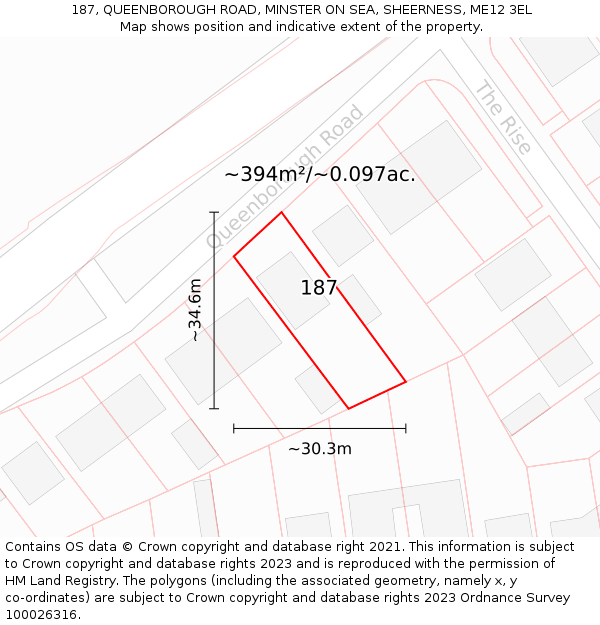 187, QUEENBOROUGH ROAD, MINSTER ON SEA, SHEERNESS, ME12 3EL: Plot and title map