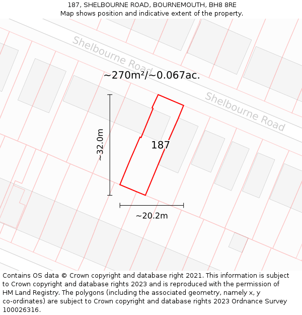 187, SHELBOURNE ROAD, BOURNEMOUTH, BH8 8RE: Plot and title map