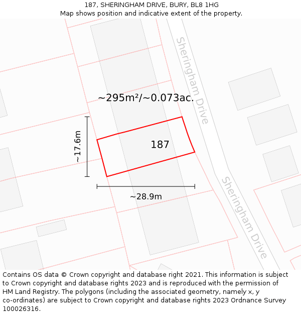 187, SHERINGHAM DRIVE, BURY, BL8 1HG: Plot and title map