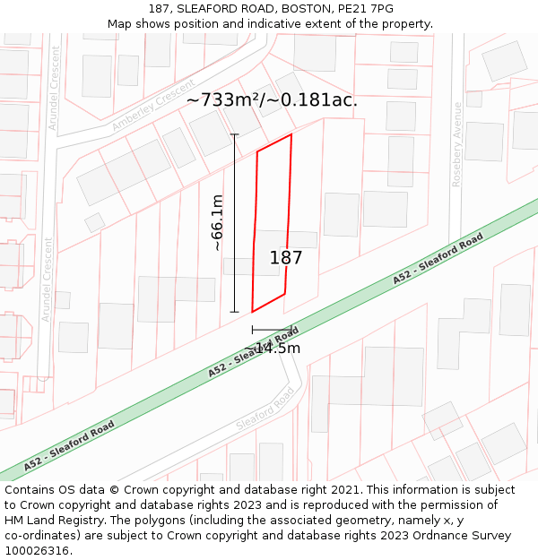 187, SLEAFORD ROAD, BOSTON, PE21 7PG: Plot and title map