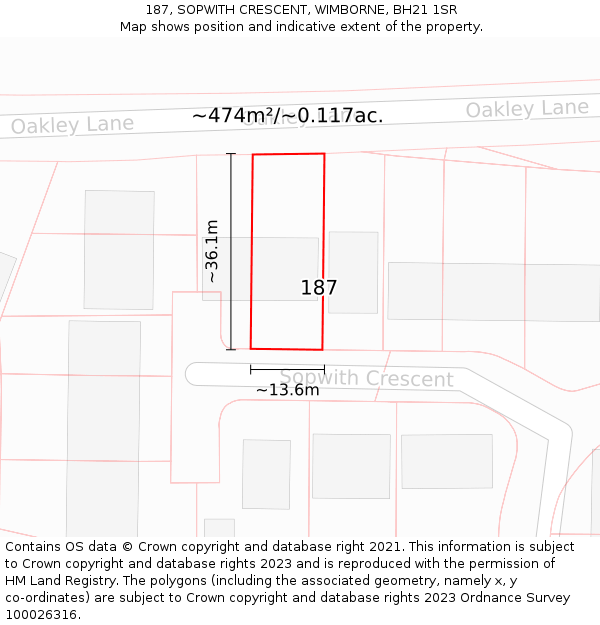 187, SOPWITH CRESCENT, WIMBORNE, BH21 1SR: Plot and title map