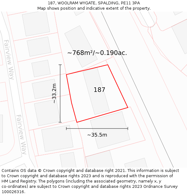 187, WOOLRAM WYGATE, SPALDING, PE11 3PA: Plot and title map