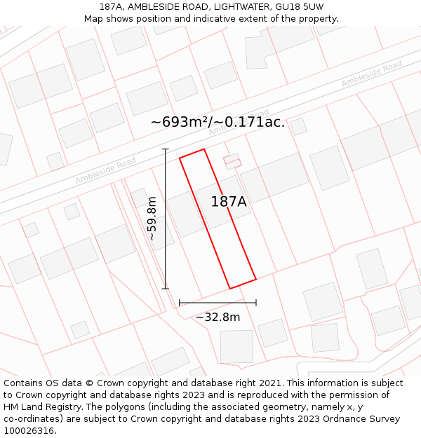 187A, AMBLESIDE ROAD, LIGHTWATER, GU18 5UW: Plot and title map