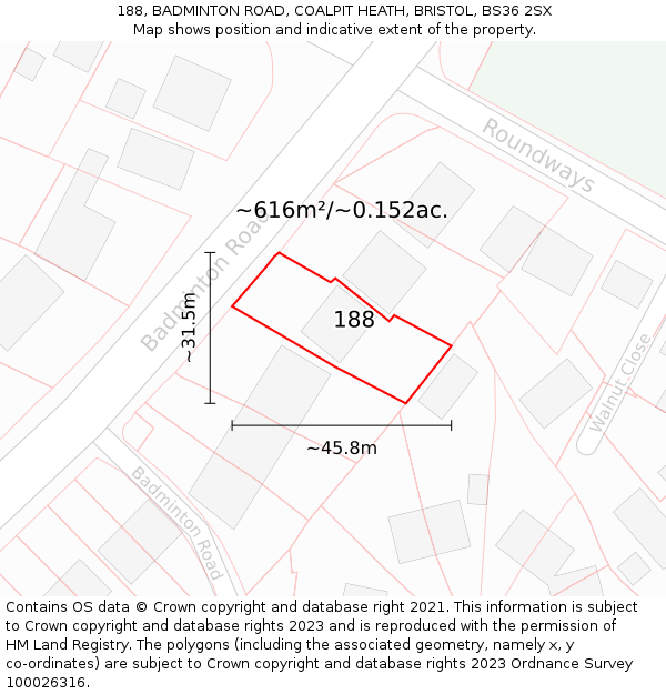 188, BADMINTON ROAD, COALPIT HEATH, BRISTOL, BS36 2SX: Plot and title map