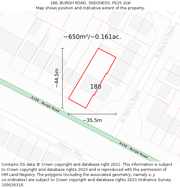 188, BURGH ROAD, SKEGNESS, PE25 2LW: Plot and title map