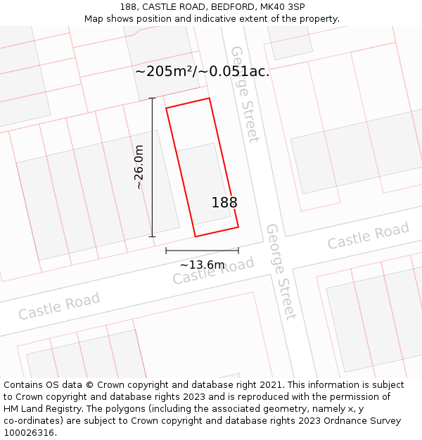 188, CASTLE ROAD, BEDFORD, MK40 3SP: Plot and title map