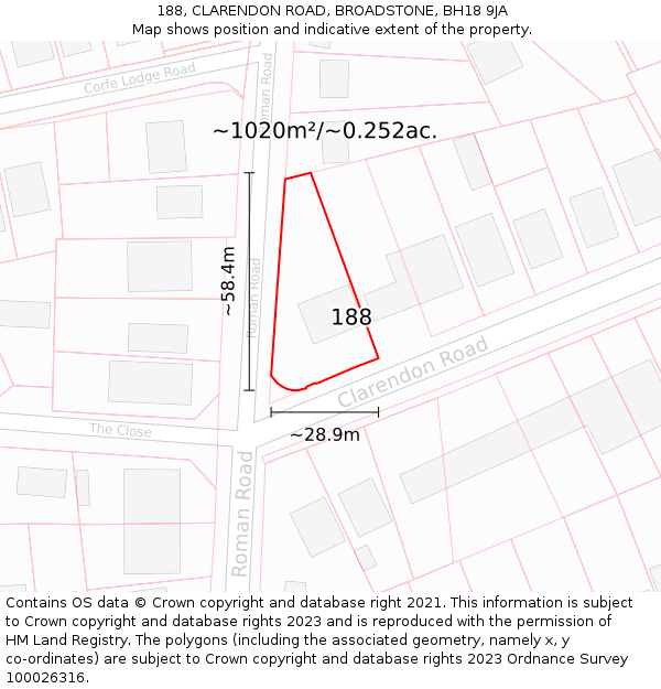 188, CLARENDON ROAD, BROADSTONE, BH18 9JA: Plot and title map