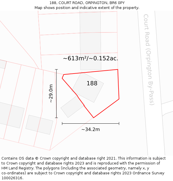 188, COURT ROAD, ORPINGTON, BR6 0PY: Plot and title map