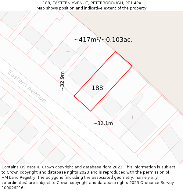 188, EASTERN AVENUE, PETERBOROUGH, PE1 4PX: Plot and title map