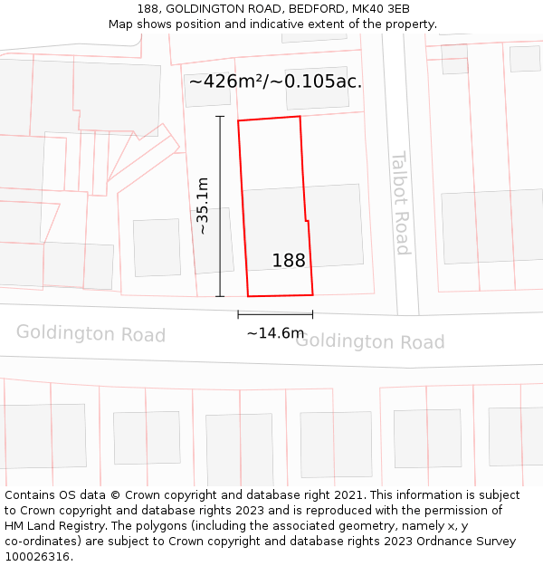 188, GOLDINGTON ROAD, BEDFORD, MK40 3EB: Plot and title map