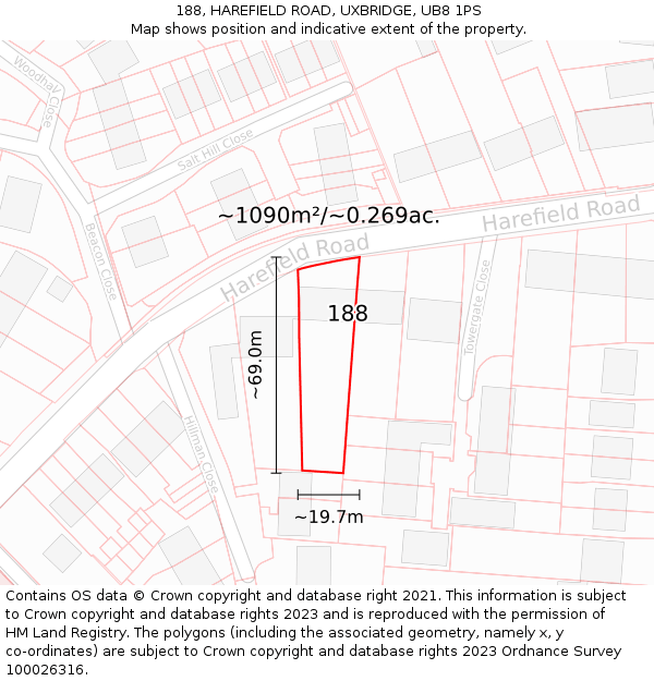 188, HAREFIELD ROAD, UXBRIDGE, UB8 1PS: Plot and title map