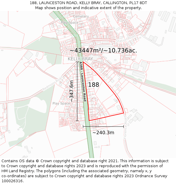 188, LAUNCESTON ROAD, KELLY BRAY, CALLINGTON, PL17 8DT: Plot and title map
