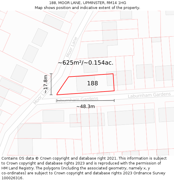 188, MOOR LANE, UPMINSTER, RM14 1HG: Plot and title map