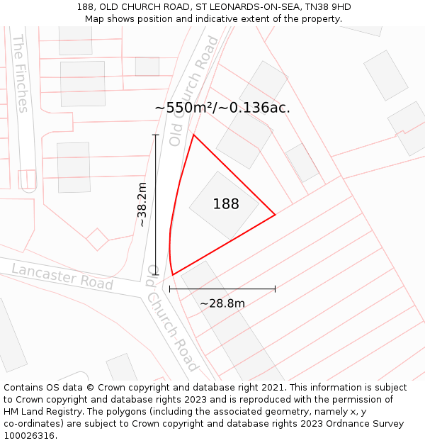 188, OLD CHURCH ROAD, ST LEONARDS-ON-SEA, TN38 9HD: Plot and title map