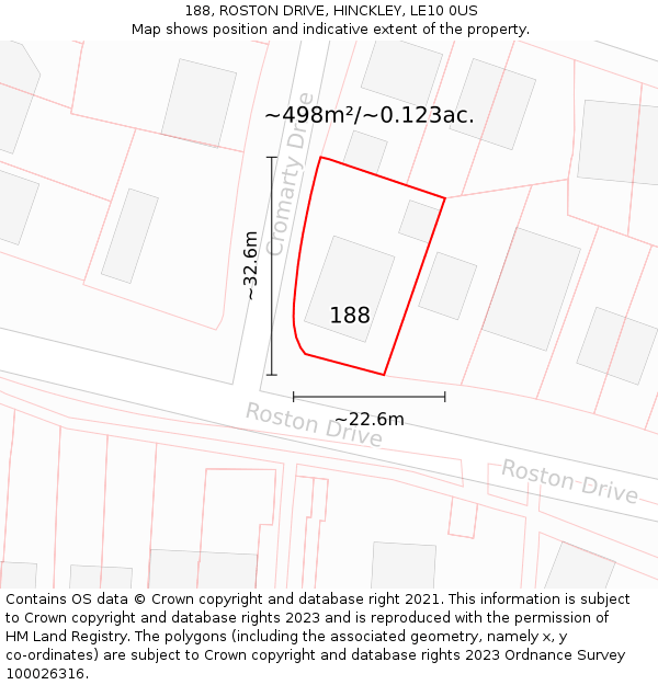 188, ROSTON DRIVE, HINCKLEY, LE10 0US: Plot and title map