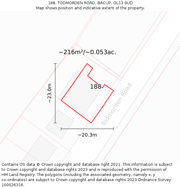 188, TODMORDEN ROAD, BACUP, OL13 9UD: Plot and title map