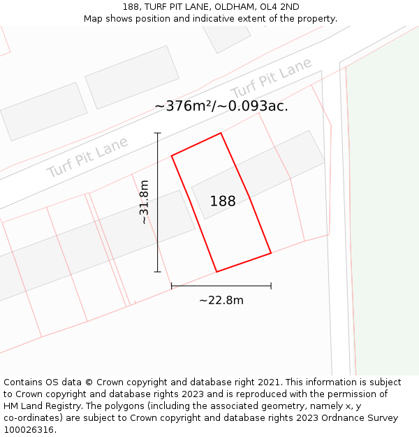 188, TURF PIT LANE, OLDHAM, OL4 2ND: Plot and title map