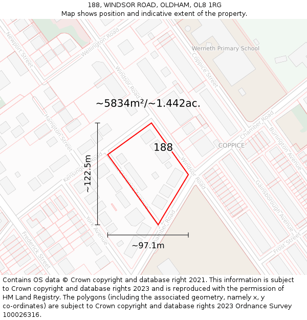 188, WINDSOR ROAD, OLDHAM, OL8 1RG: Plot and title map