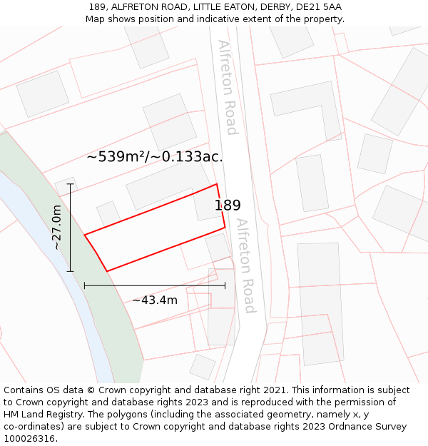 189, ALFRETON ROAD, LITTLE EATON, DERBY, DE21 5AA: Plot and title map