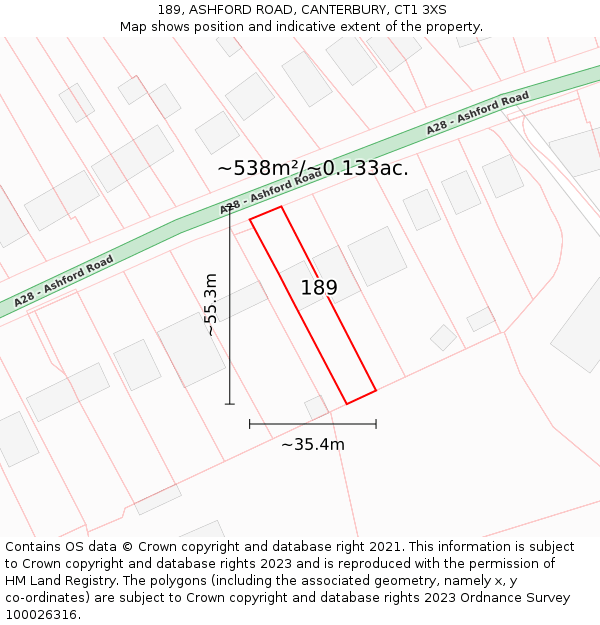 189, ASHFORD ROAD, CANTERBURY, CT1 3XS: Plot and title map