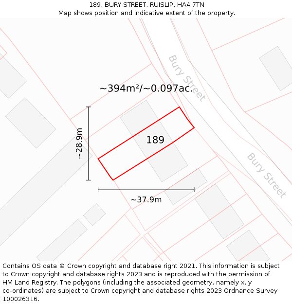 189, BURY STREET, RUISLIP, HA4 7TN: Plot and title map
