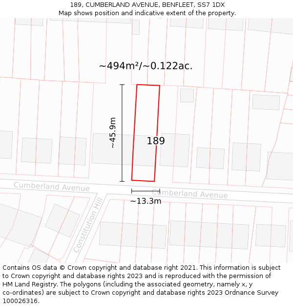 189, CUMBERLAND AVENUE, BENFLEET, SS7 1DX: Plot and title map