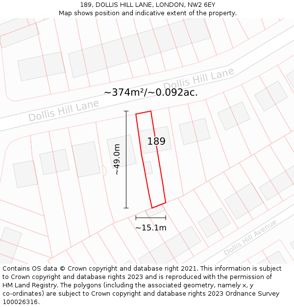 189, DOLLIS HILL LANE, LONDON, NW2 6EY: Plot and title map