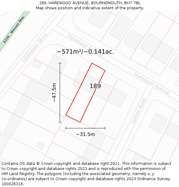 189, HAREWOOD AVENUE, BOURNEMOUTH, BH7 7BL: Plot and title map