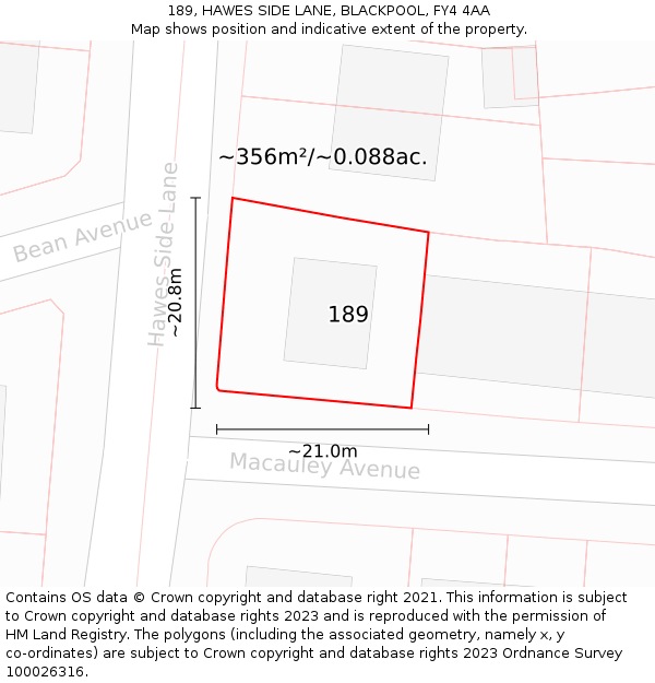 189, HAWES SIDE LANE, BLACKPOOL, FY4 4AA: Plot and title map